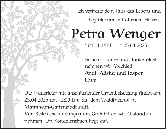 Traueranzeige von Petra Wenger von Mannheimer Morgen