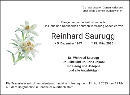 Traueranzeige von Reinhard Saurugg von Bergsträßer Anzeiger