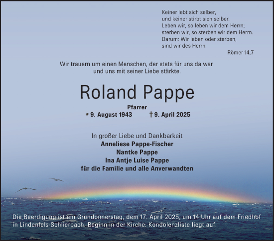 Traueranzeige von Roland Pappe von Bergsträßer Anzeiger