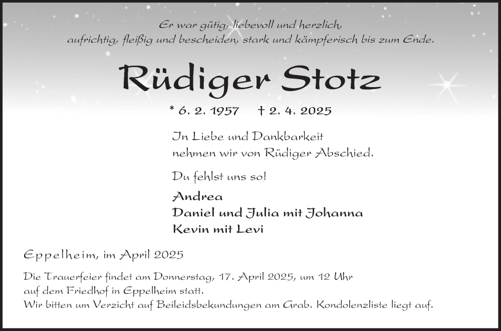 Traueranzeige für Rüdiger Stotz vom 12.04.2025 aus Mannheimer Morgen