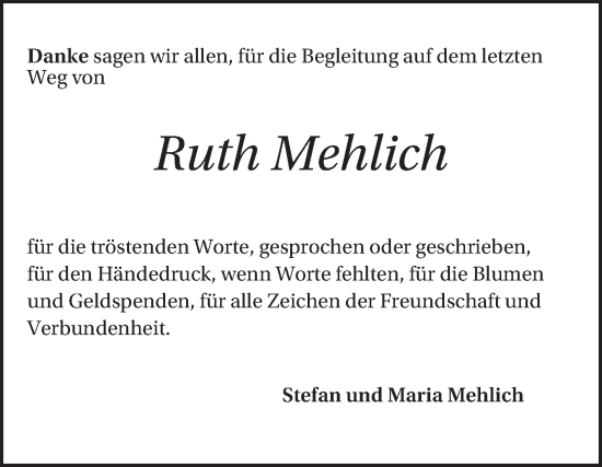 Traueranzeige von Ruth Mehlich von Schwetzinger Zeitung