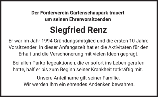 Traueranzeige von Siegfried Renz von Schwetzinger Zeitung