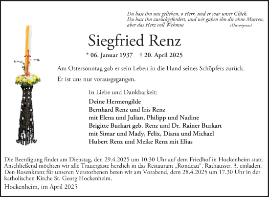 Traueranzeige von Siegfried Renz von Schwetzinger Zeitung