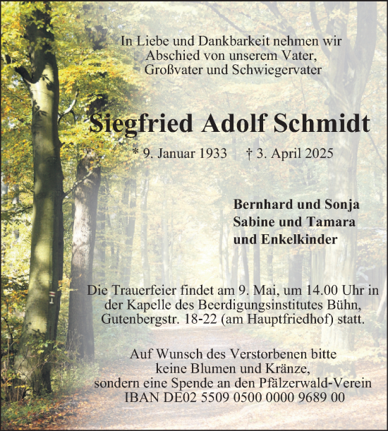 Traueranzeige von Siegfried Adolf Schmidt von Mannheimer Morgen