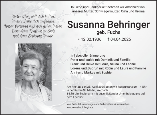 Traueranzeige von Susanna Behringer von Fränkische Nachrichten