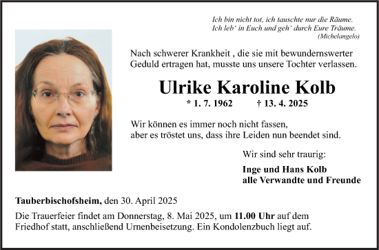 Traueranzeige von Ulrike Karoline Kolb von Fränkische Nachrichten