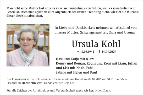 Traueranzeige von Ursula Kohl von Fränkische Nachrichten