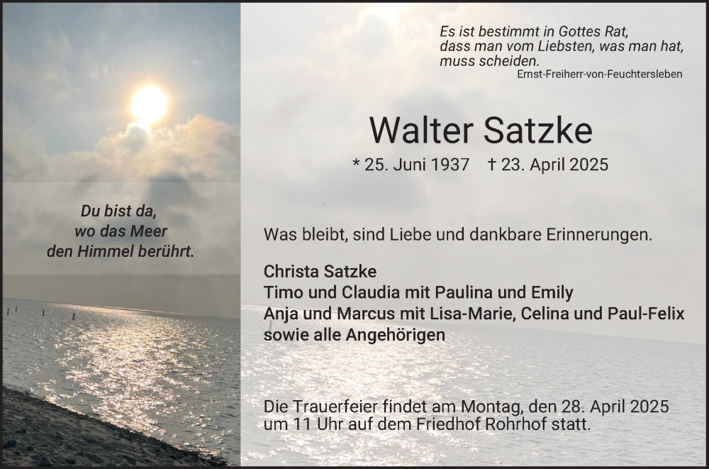  Traueranzeige für Walter Satzke vom 26.04.2025 aus Schwetzinger Zeitung