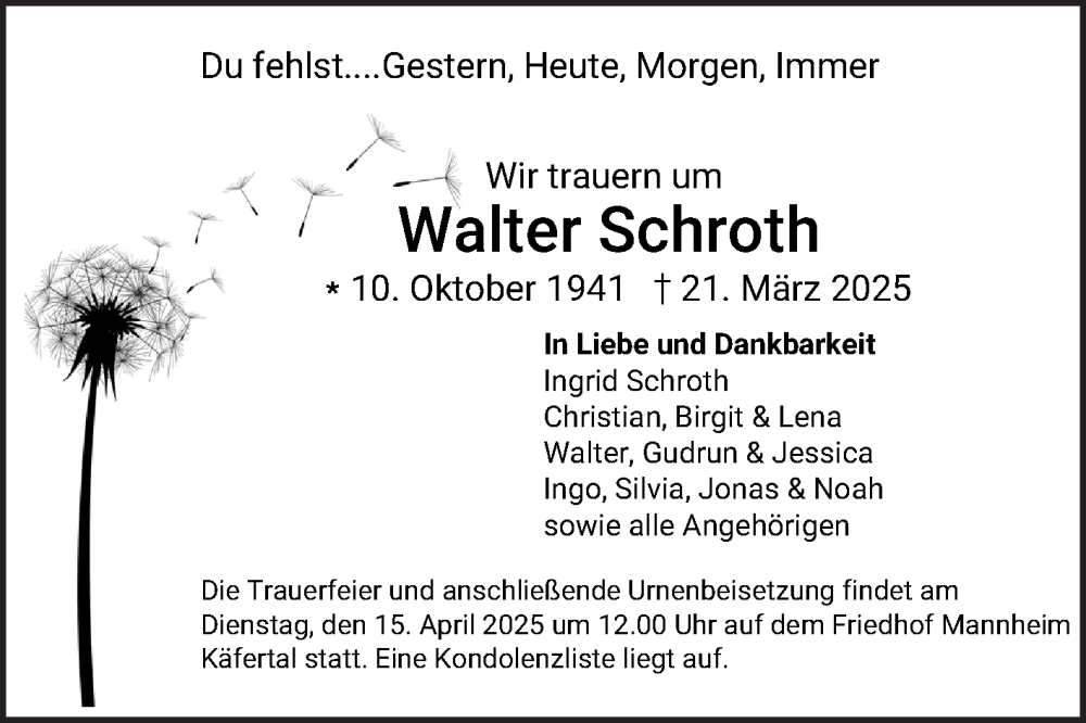  Traueranzeige für Walter Schroth vom 05.04.2025 aus Mannheimer Morgen