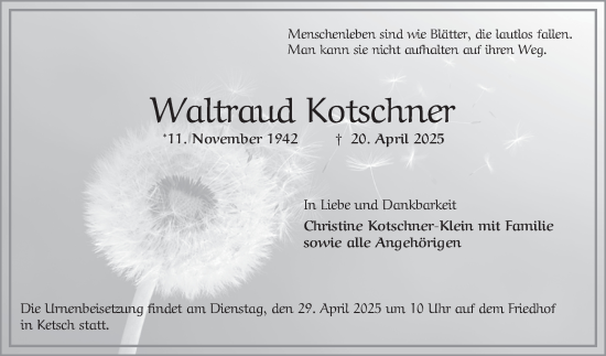 Traueranzeige von Waltraud Kotschner von Schwetzinger Zeitung