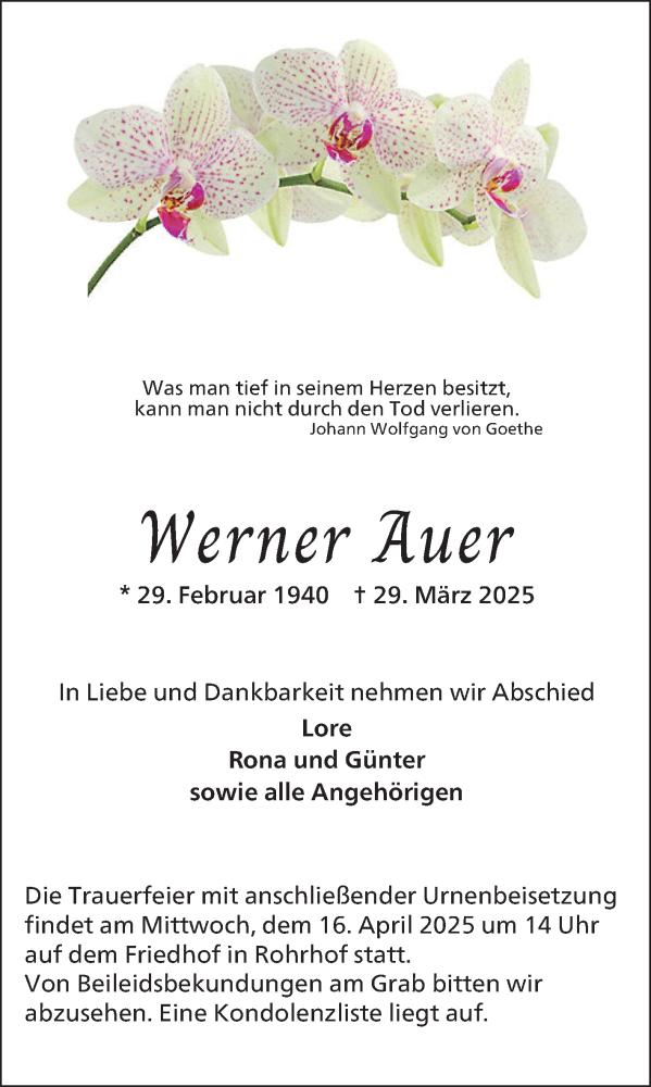  Traueranzeige für Werner Auer vom 12.04.2025 aus Schwetzinger Zeitung