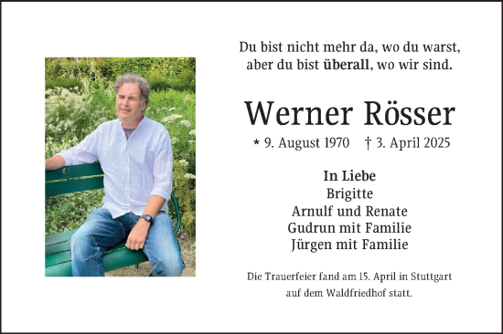 Traueranzeige von Werner Rösser von Fränkische Nachrichten