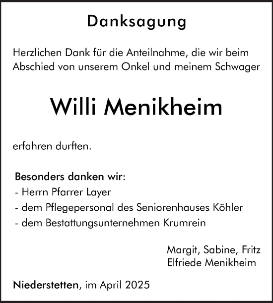 Traueranzeige von Willi Menikheim von Fränkische Nachrichten