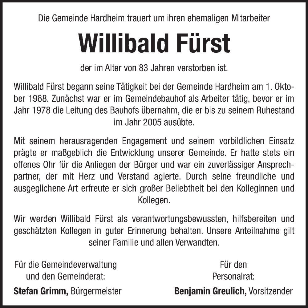  Traueranzeige für Willibald Fürst vom 23.04.2025 aus Fränkische Nachrichten