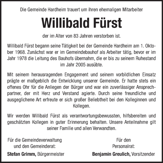 Traueranzeige von Willibald Fürst von Fränkische Nachrichten