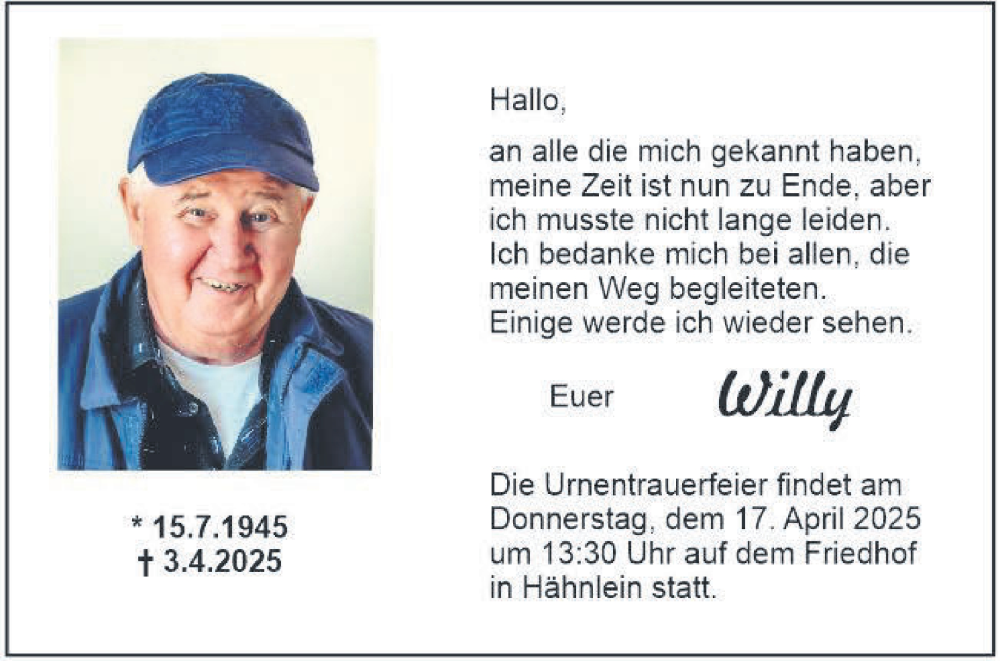  Traueranzeige für Willy von der Heyden vom 12.04.2025 aus Bergsträßer Anzeiger