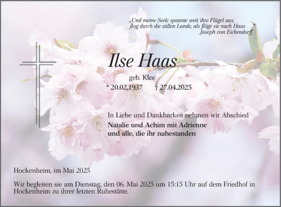 Traueranzeige von Ilse Haas von Schwetzinger Zeitung