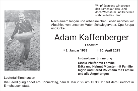 Traueranzeige von Adam Kaffenberger von Bergsträßer Anzeiger