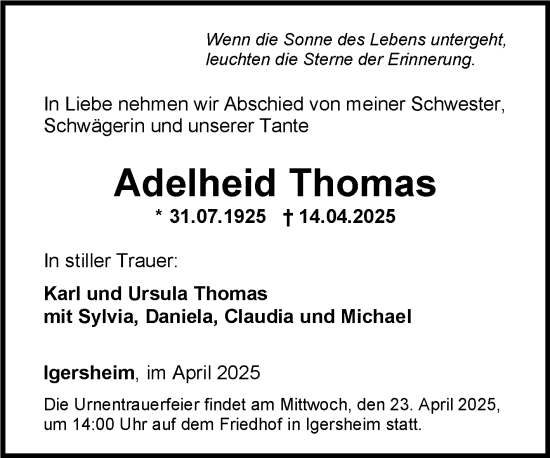 Traueranzeige von Adelheid Thomas von Fränkische Nachrichten