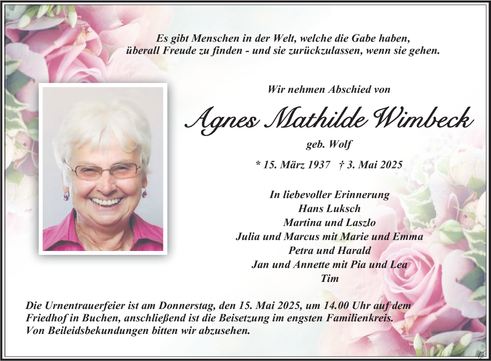  Traueranzeige für Agnes Mathilde Wimbeck vom 10.05.2025 aus Fränkische Nachrichten