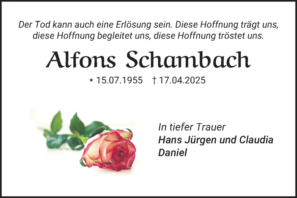  Traueranzeige für Alfons Schambach vom 03.05.2025 aus Bergsträßer Anzeiger