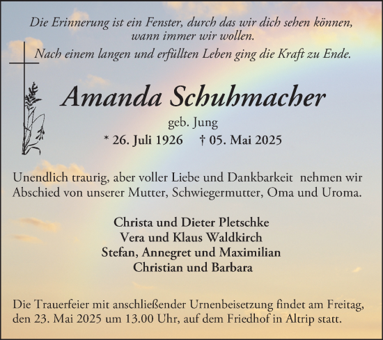 Traueranzeige von Amanda Schuhmacher von Mannheimer Morgen