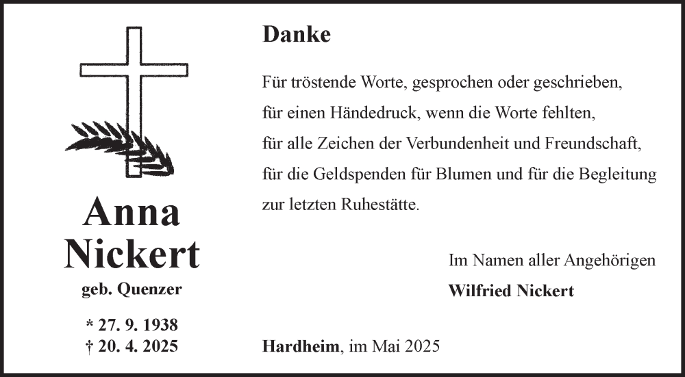  Traueranzeige für Anna Nickert vom 31.05.2025 aus Fränkische Nachrichten