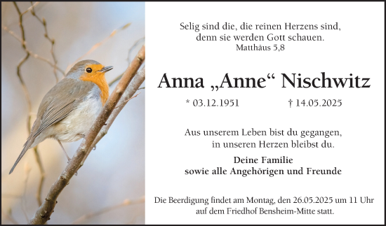 Traueranzeige von Anna Nischwitz von Bergsträßer Anzeiger