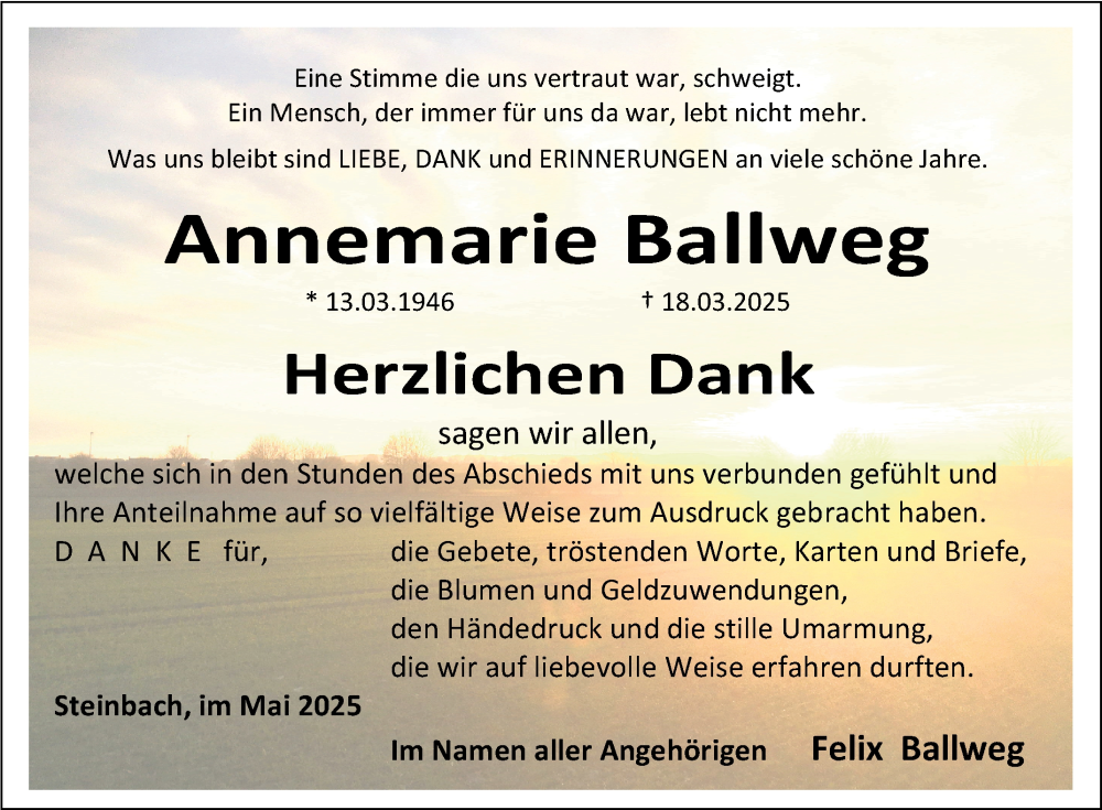  Traueranzeige für Annemarie Ballweg vom 31.05.2025 aus Fränkische Nachrichten