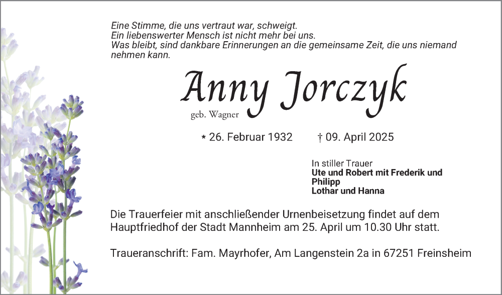  Traueranzeige für Anny Jorczyk vom 19.04.2025 aus Mannheimer Morgen
