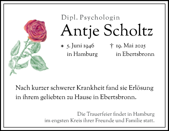 Traueranzeige von Antje Scholtz von Fränkische Nachrichten