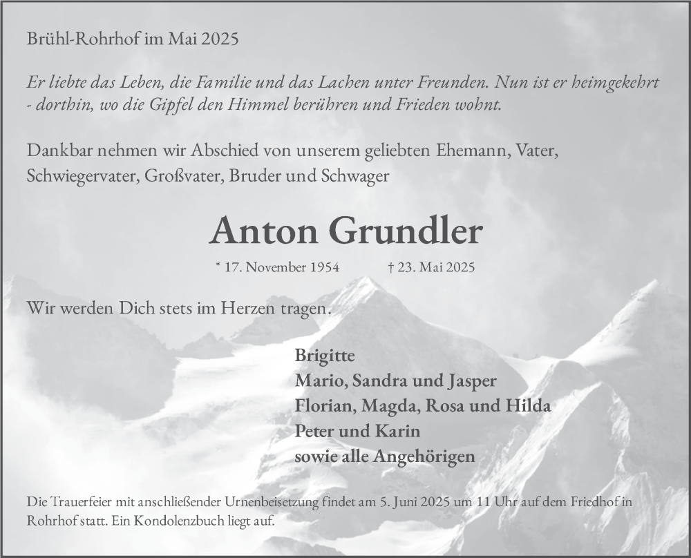  Traueranzeige für Anton Grundler vom 31.05.2025 aus Schwetzinger Zeitung