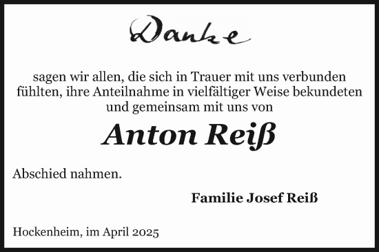 Traueranzeige von Anton Reiß von Schwetzinger Zeitung