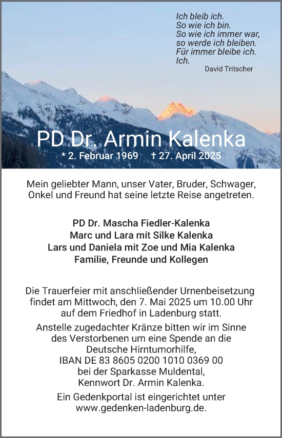Traueranzeige von Armin Kalenka von Mannheimer Morgen