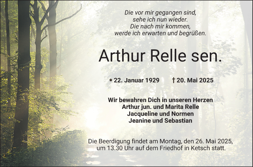  Traueranzeige für Arthur Relle vom 22.05.2025 aus Schwetzinger Zeitung