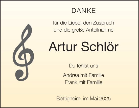 Traueranzeige von Artur Schlör von Fränkische Nachrichten