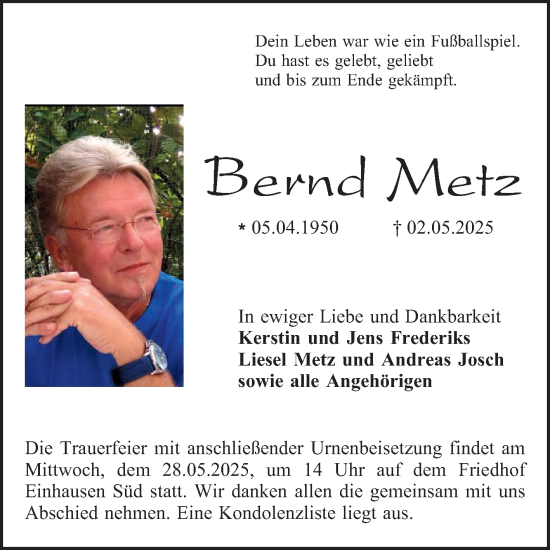 Traueranzeige von Bernd Metz von Bergsträßer Anzeiger