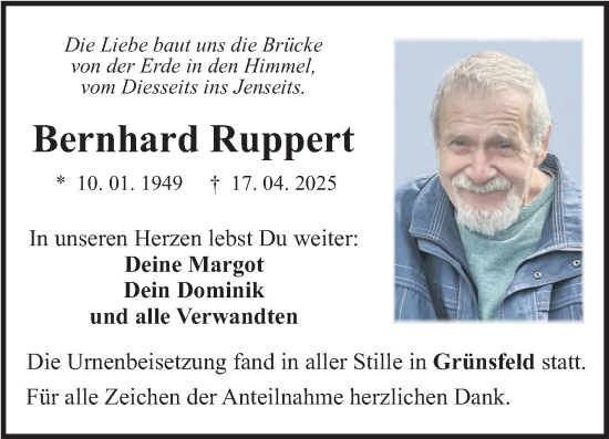 Traueranzeige von Bernhard Ruppert von Fränkische Nachrichten
