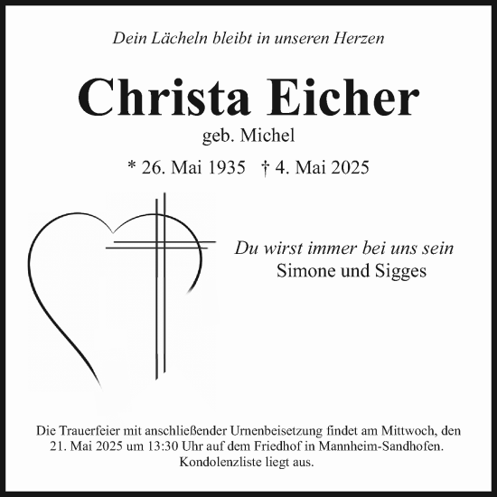 Traueranzeige von Christa Eicher von Mannheimer Morgen