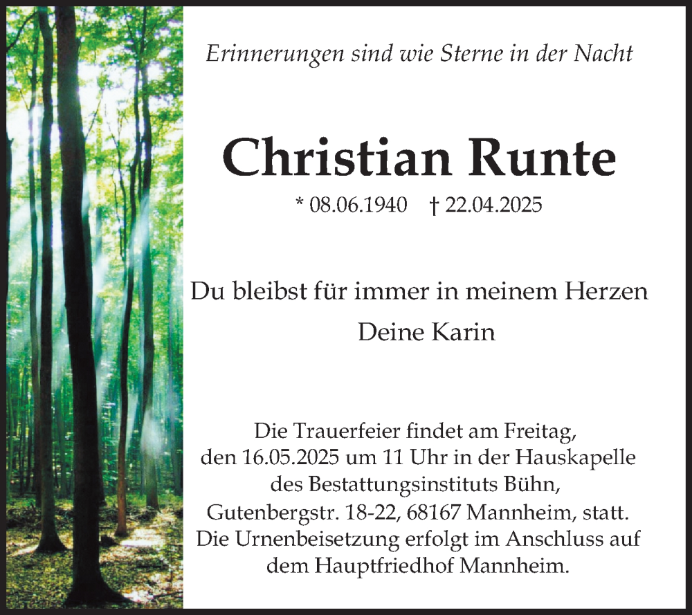  Traueranzeige für Christian Runte vom 03.05.2025 aus Mannheimer Morgen