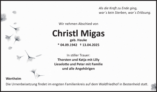 Traueranzeige von Christl Migas von Fränkische Nachrichten