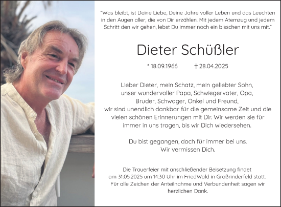 Traueranzeige von Dieter Schüßler von Fränkische Nachrichten