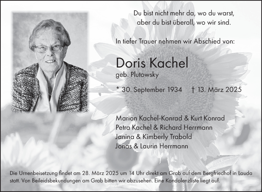  Traueranzeige für Doris Kachel vom 18.03.2025 aus Fränkische Nachrichten