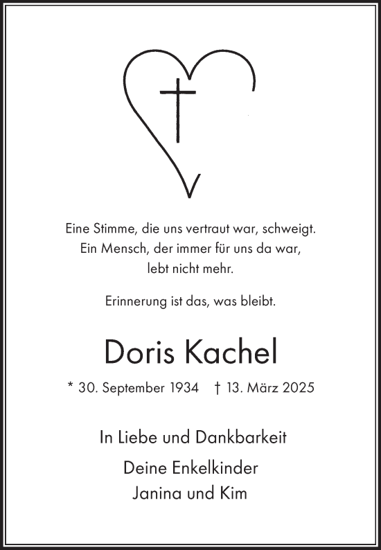 Traueranzeige von Doris Kachel von Fränkische Nachrichten
