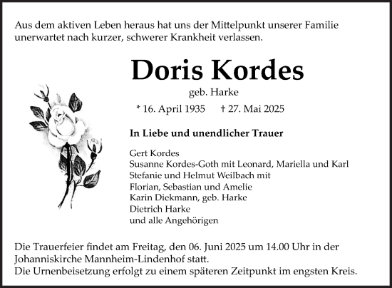 Traueranzeige von Doris Kordes von Mannheimer Morgen