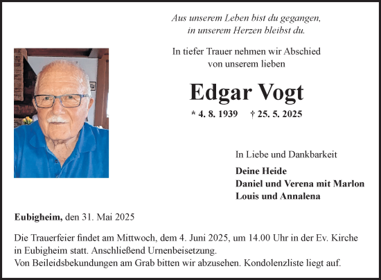 Traueranzeige von Edgar Vogt von Fränkische Nachrichten