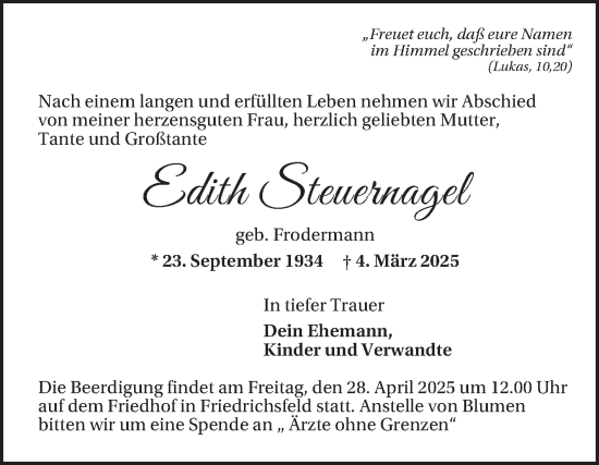Traueranzeige von Edith Steuernagel von Mannheimer Morgen