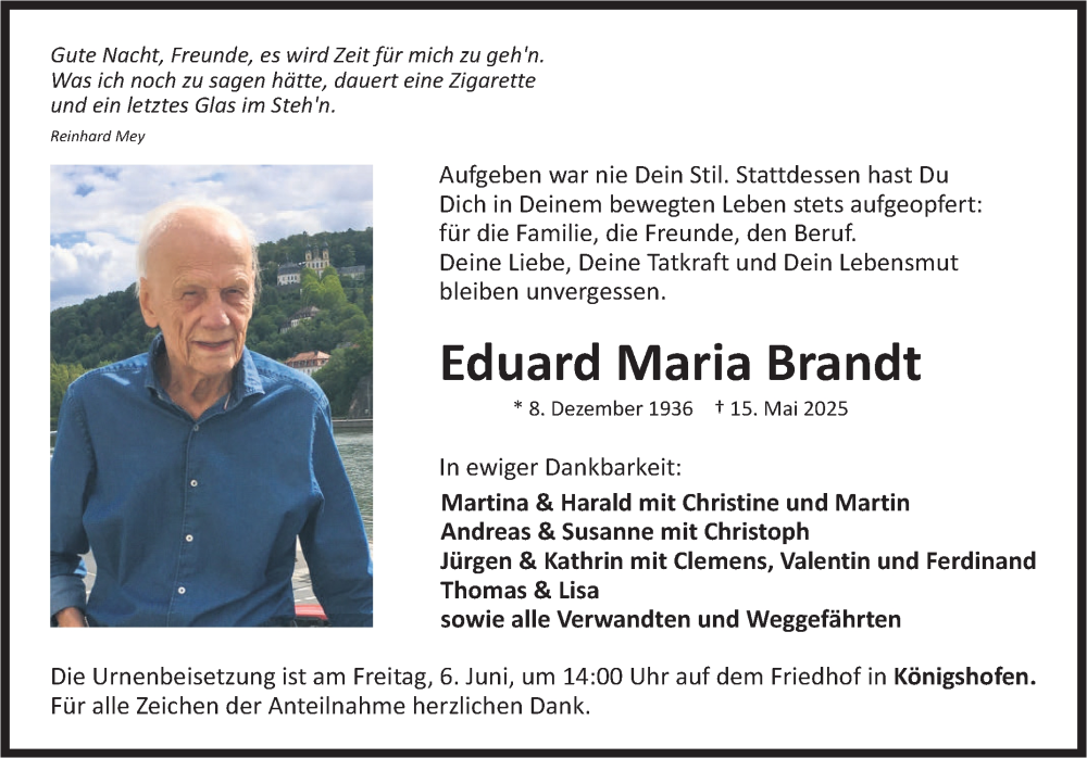  Traueranzeige für Eduard Maria Brandt vom 31.05.2025 aus Fränkische Nachrichten