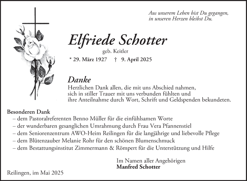  Traueranzeige für Elfriede Schotter vom 03.05.2025 aus Schwetzinger Zeitung