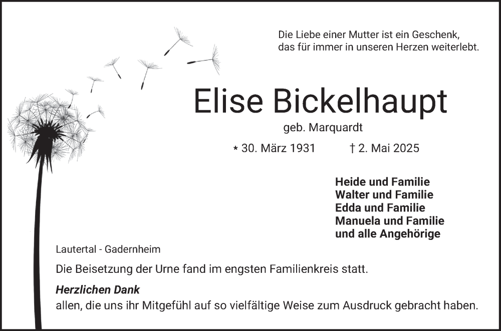  Traueranzeige für Elise Bickelhaupt vom 17.05.2025 aus Bergsträßer Anzeiger